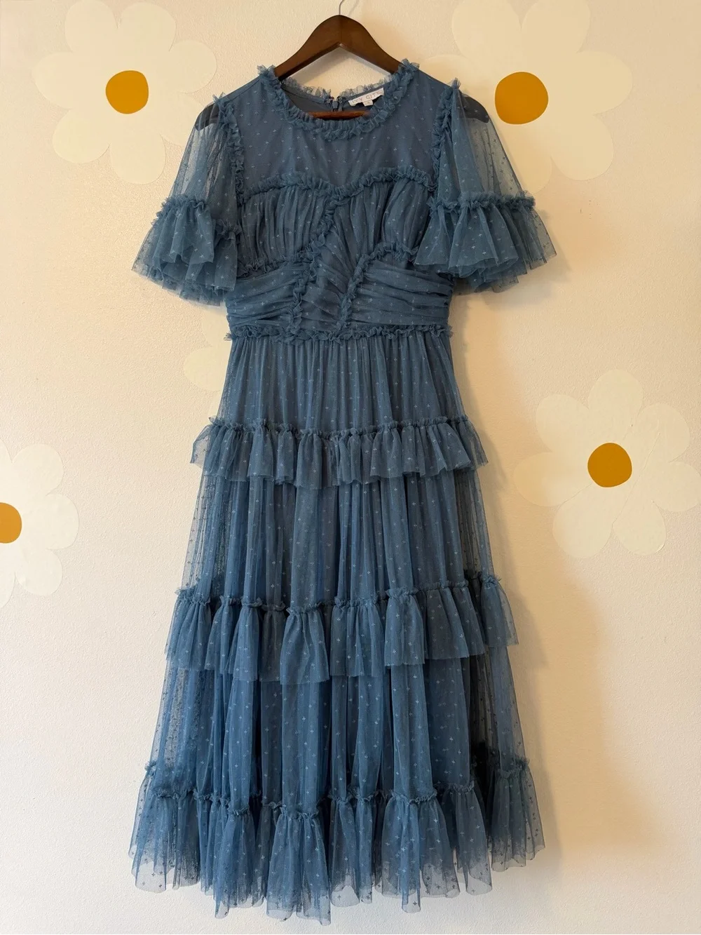 Ivy City Co Slate Blue Whimsical Ruffled Tulle Midi Formal Dress - Picture 5 of 14